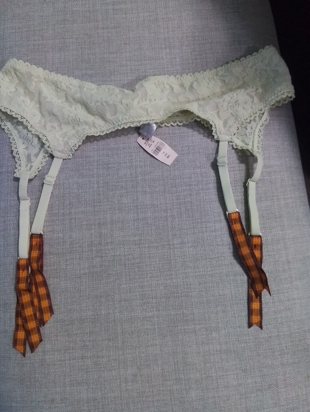 Victorias Secret Ivory Lace Garter Belt with Plaid Ribbon Accents